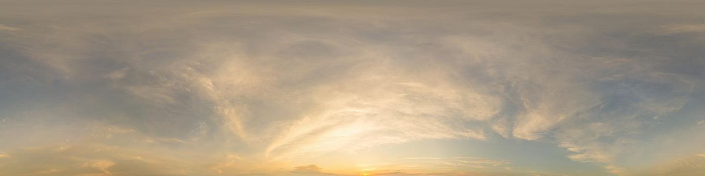 Sky panorama with Cirrus clouds in Seamless spherical equirectangular format. Full zenith for use in 3D graphics, game and editing aerial drone 360 degree panoramas for sky replacement