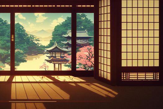 Fantasy japanese shrine with windows view torii outside. 3d render anime style.