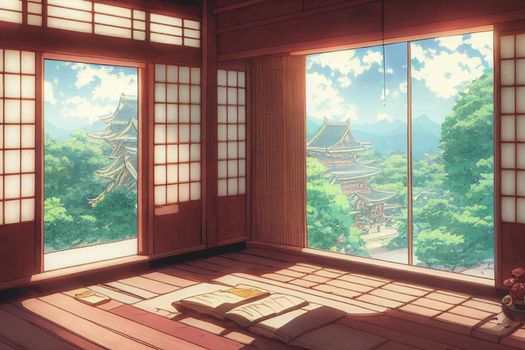Fantasy japanese shrine with windows view torii outside. 3d render anime style.