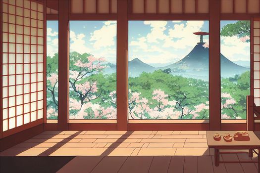 Fantasy japanese shrine with windows view torii outside. 3d render anime style.