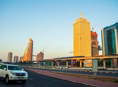 Main road of a United Arab Emirates, Shekh Zayed road. Shot taken in Dubai. Many of famous buildings can be seen as well as metro station Outdoors