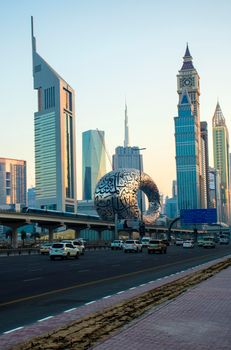 Main road of a United Arab Emirates, Shekh Zayed road. Shot taken in Dubai. Many of famous buildings can be seen as well as metro station and "Museum of future" Outdoors