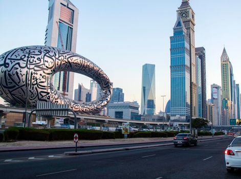Main road of a United Arab Emirates, Shekh Zayed road. Shot taken in Dubai. Many of famous buildings can be seen as well as metro station and "Museum of future" Outdoors