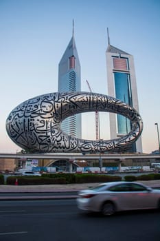 Main road of a United Arab Emirates, Shekh Zayed road. Shot taken in Dubai. Many of famous buildings can be seen as well as metro station and "Museum of future" Outdoors