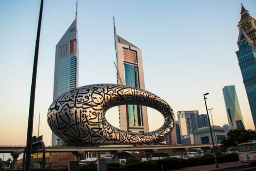Main road of a United Arab Emirates, Shekh Zayed road. Shot taken in Dubai. Many of famous buildings can be seen as well as metro station and "Museum of future" Outdoors