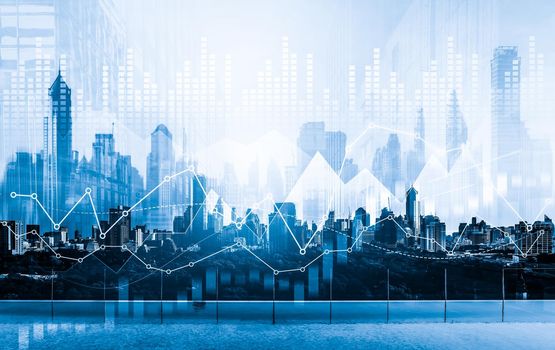 Stock market business concept. Financial graphs and digital indicators with modernistic urban area and skyscrapers as background. Double Exposure.