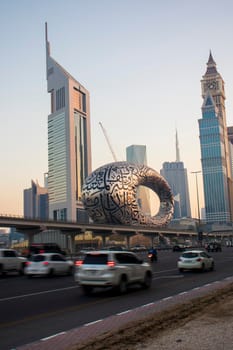 Main road of a United Arab Emirates, Shekh Zayed road. Shot taken in Dubai. Many of famous buildings can be seen as well as metro station and "Museum of future" Outdoors