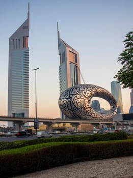 Main road of a United Arab Emirates, Shekh Zayed road. Shot taken in Dubai. Many of famous buildings can be seen as well as metro station and "Museum of future" Outdoors