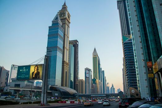 Main road of a United Arab Emirates, Shekh Zayed road. Shot taken in Dubai. Many of famous buildings can be seen as well as metro station Outdoors
