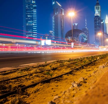 Main road of a United Arab Emirates, Shekh Zayed road. Shot taken in Dubai. Many of famous buildings can be seen as well as metro station and "Museum of future" Outdoors