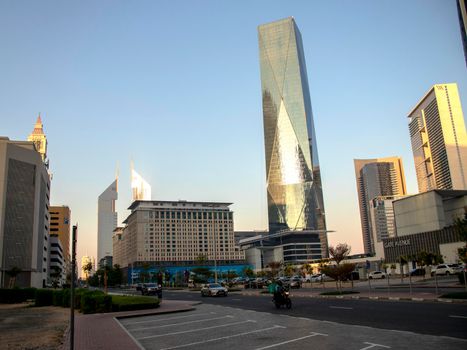 Dubai Financial Center road. Landmarks such Jumeirah Emirates towers, Ritz Carlton, DIFC on the picture. Outdoors