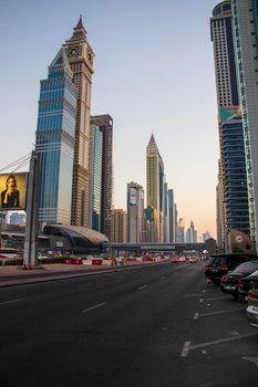 Main road of a United Arab Emirates, Shekh Zayed road. Shot taken in Dubai. Many of famous buildings can be seen as well as metro station Outdoors