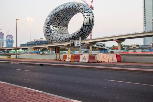 Main road of a United Arab Emirates, Shekh Zayed road. Shot taken in Dubai. Many of famous buildings can be seen as well as metro station and "Museum of future" Outdoors