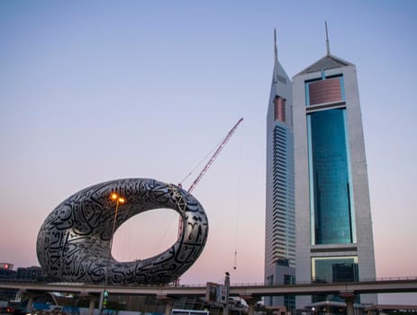 Main road of a United Arab Emirates, Shekh Zayed road. Shot taken in Dubai. Many of famous buildings can be seen as well as metro station and "Museum of future" Outdoors