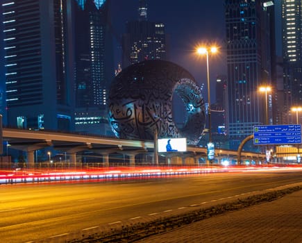 Main road of a United Arab Emirates, Shekh Zayed road. Shot taken in Dubai. Many of famous buildings can be seen as well as metro station and "Museum of future" Outdoors