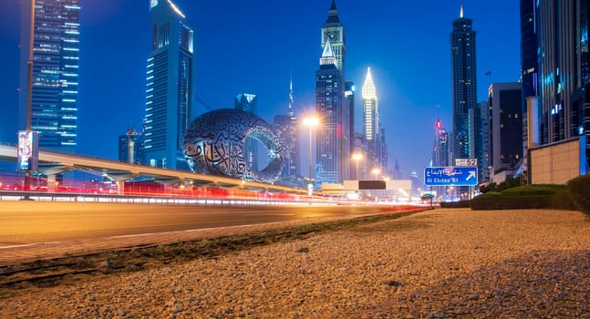 Main road of a United Arab Emirates, Shekh Zayed road. Shot taken in Dubai. Many of famous buildings can be seen as well as metro station and "Museum of future" Outdoors