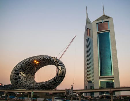 Main road of a United Arab Emirates, Shekh Zayed road. Shot taken in Dubai. Many of famous buildings can be seen as well as metro station and "Museum of future" Outdoors