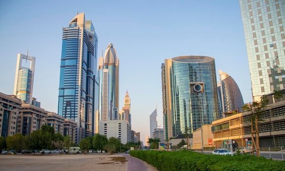 Dubai Financial Center road. Landmarks such Jumeirah Emirates towers, Ritz Carlton, Park towers, DIFC on the picture. Outdoors
