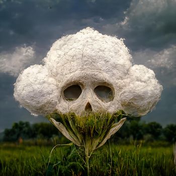 Scary skull-shaped cotton plant on green field. Ukrainian bavovna, based on meme about russian war propaganda. Digital illustration