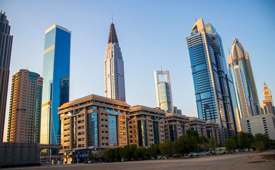 View of some skyscrapers along the Sheikh Zayed Road in Dubai. Outdoors