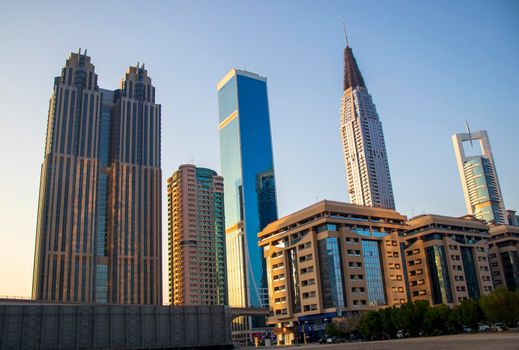 View of some skyscrapers along the Sheikh Zayed Road in Dubai. Outdoors