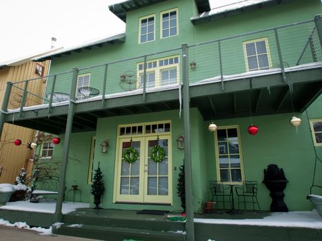 House decorated for winter holidays.