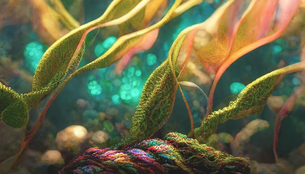 3d render of emitting a colorful jungle fantasy iridescent light background. Beautiful nature HD wallpaper.
