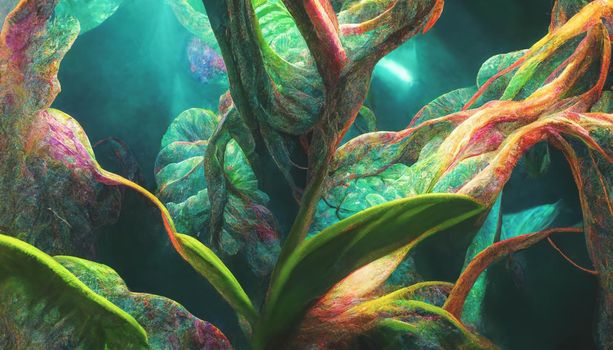 3d render of emitting a colorful jungle fantasy iridescent light background. Beautiful nature HD wallpaper.