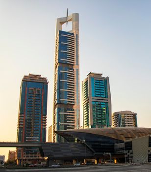 View of some skyscrapers and metro station along the Sheikh Zayed Road in Dubai. Outdoors