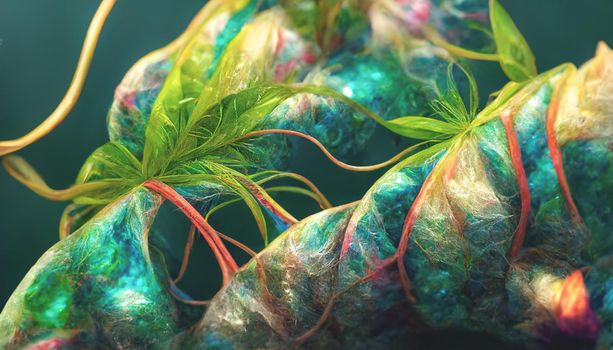 3d render of emitting a colorful jungle fantasy iridescent light background. Beautiful nature HD wallpaper.