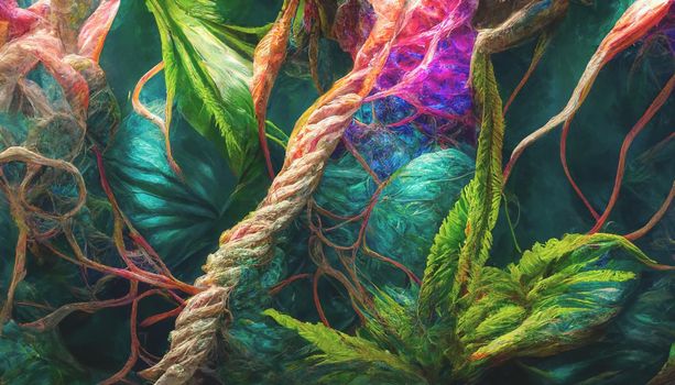 3d render of emitting a colorful jungle fantasy iridescent light background. Beautiful nature HD wallpaper.