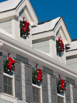 House decorated for winter holidays.