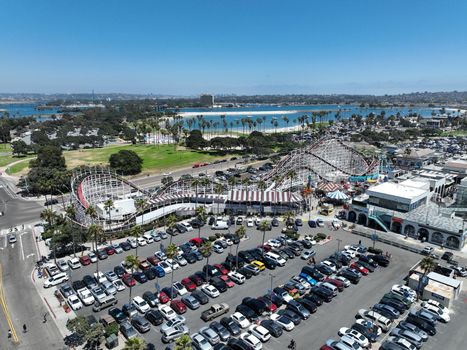 Aerial view of Belmont Park, an amusement park built in 1925 on the Mission Beach boardwalk, San Diego, California, USA. August 22nd, 2022