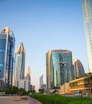 Dubai Financial Center road. Landmarks such Jumeirah Emirates towers, Ritz Carlton, Park towers, DIFC on the picture. Outdoors
