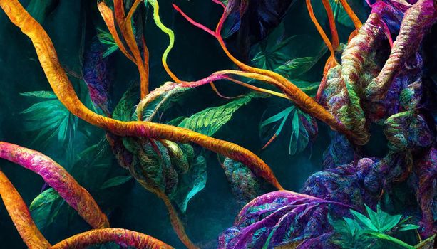 3d render of emitting a colorful jungle fantasy iridescent light background. Beautiful nature HD wallpaper.