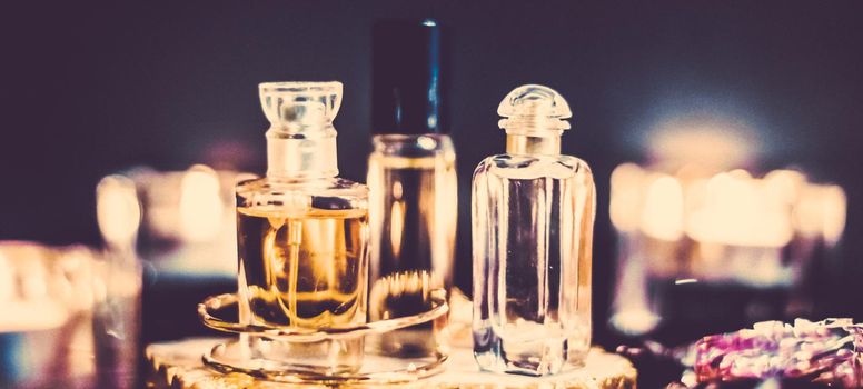 Perfumery, cosmetic branding and spa concept - Perfume bottles and vintage fragrance at night, aroma scent, fragrant cosmetics and eau de toilette as luxury beauty brand, holiday fashion parfum design