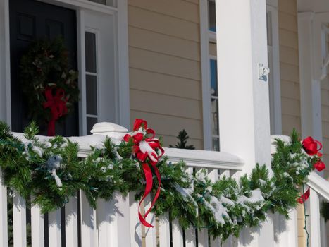 House decorated for winter holidays.