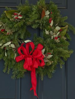 House decorated for winter holidays.