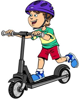 Color vector illustration of a cartoon kid in a bike helmet rides a kick scooter.