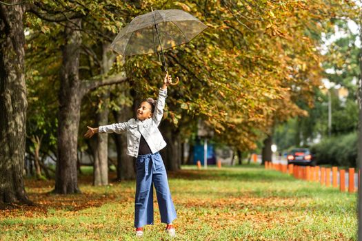 little girl child with umbrella in autumn park.