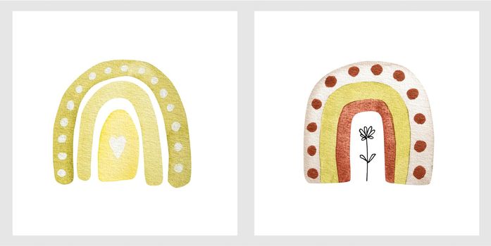 Spring watercolor rainbow set for decoration. Childish aquarelle paintings with weather elements and heart