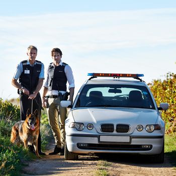 Theyre on the case. policemen and a police dog standing next to their car