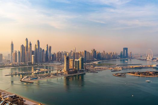 Dubai, UAE - 09.24.2021 Dubai city skyline on early morning hour. Dubai Marina
