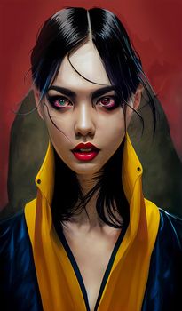 Scary urban fashion female model illustration. Caucasian girl in yellow jacket. Digital illustration