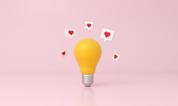 Light bulb with like heart icons around on pink background. 3d rendering.