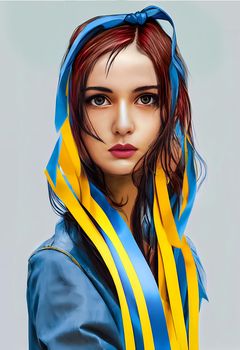 Ukrainian fashion female model illustration. Ukrainian girl with blue and yellow ribbons. Digital illustration