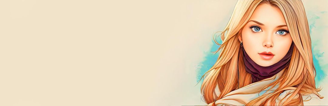 Modern fashion model caucasian blonde girl wearing scarf. Suitable for banners, headers, flyers. Digital illustration