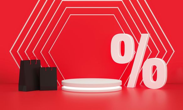 Black friday discounts. Percent discount symbol and Shopping bags with Podium with light on hexagonal wall on studio background. 3d rendering.