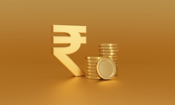 Indian rupee money symbol next to stack of gold coins on a golden background. Currency exchange. 3d rendering.
