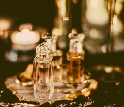 Perfumery, cosmetic branding and spa concept - Perfume bottles and vintage fragrance at night, aroma scent, fragrant cosmetics and eau de toilette as luxury beauty brand, holiday fashion parfum design